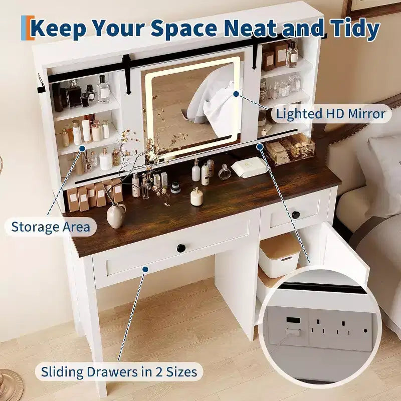Coiffeuse avec miroir LED, Table de maquillage avec station de recharge, Tiroirs et tabouret de rangement, Coiffeuse moderne blanche pour chambre à coucher