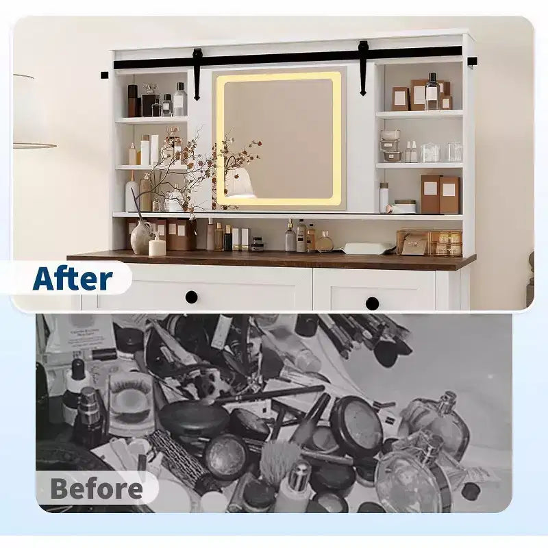 Coiffeuse avec miroir LED, Table de maquillage avec station de recharge, Tiroirs et tabouret de rangement, Coiffeuse moderne blanche pour chambre à coucher
