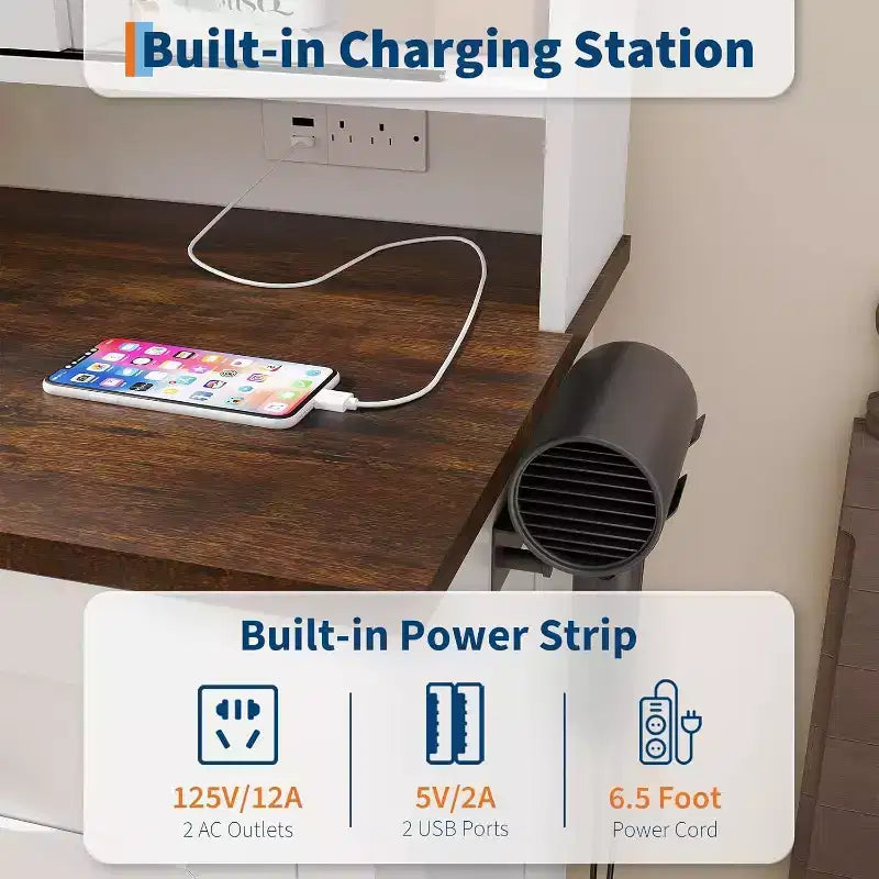 Coiffeuse avec miroir LED, Table de maquillage avec station de recharge, Tiroirs et tabouret de rangement, Coiffeuse moderne blanche pour chambre à coucher