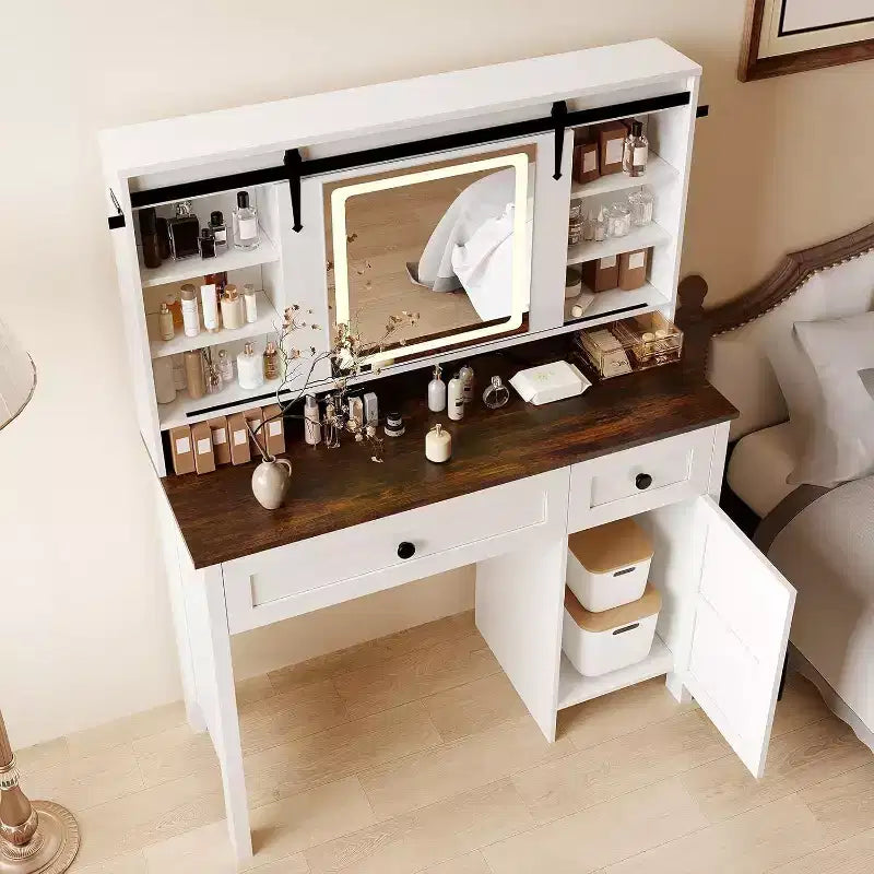 Coiffeuse avec miroir LED, Table de maquillage avec station de recharge, Tiroirs et tabouret de rangement, Coiffeuse moderne blanche pour chambre à coucher
