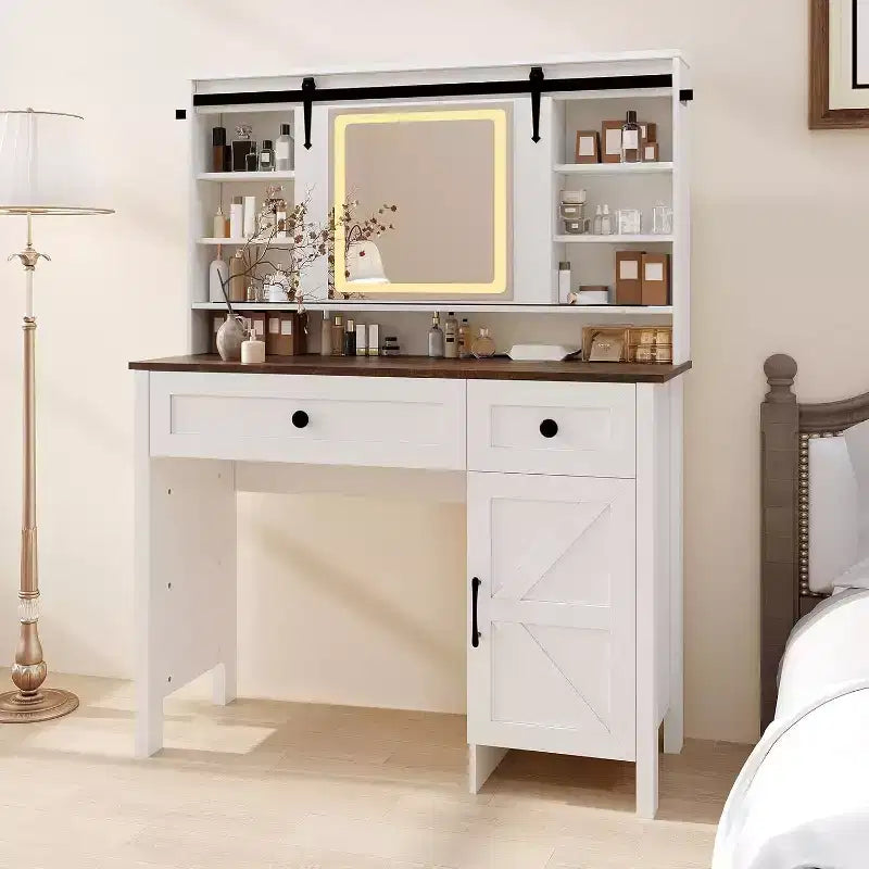 Coiffeuse avec miroir LED, Table de maquillage avec station de recharge, Tiroirs et tabouret de rangement, Coiffeuse moderne blanche pour chambre à coucher