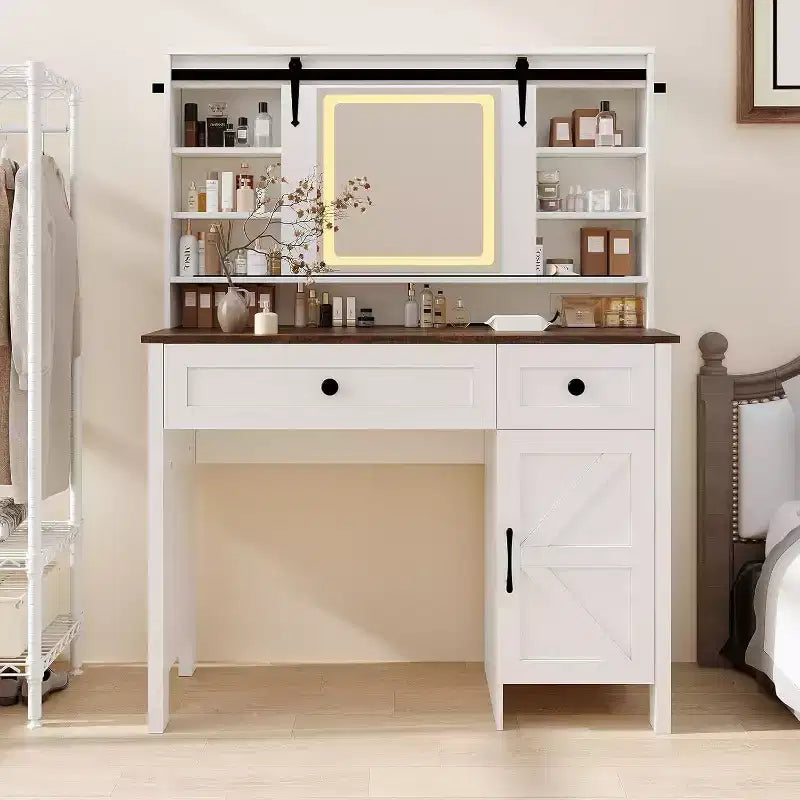 Coiffeuse avec miroir LED, Table de maquillage avec station de recharge, Tiroirs et tabouret de rangement, Coiffeuse moderne blanche pour chambre à coucher