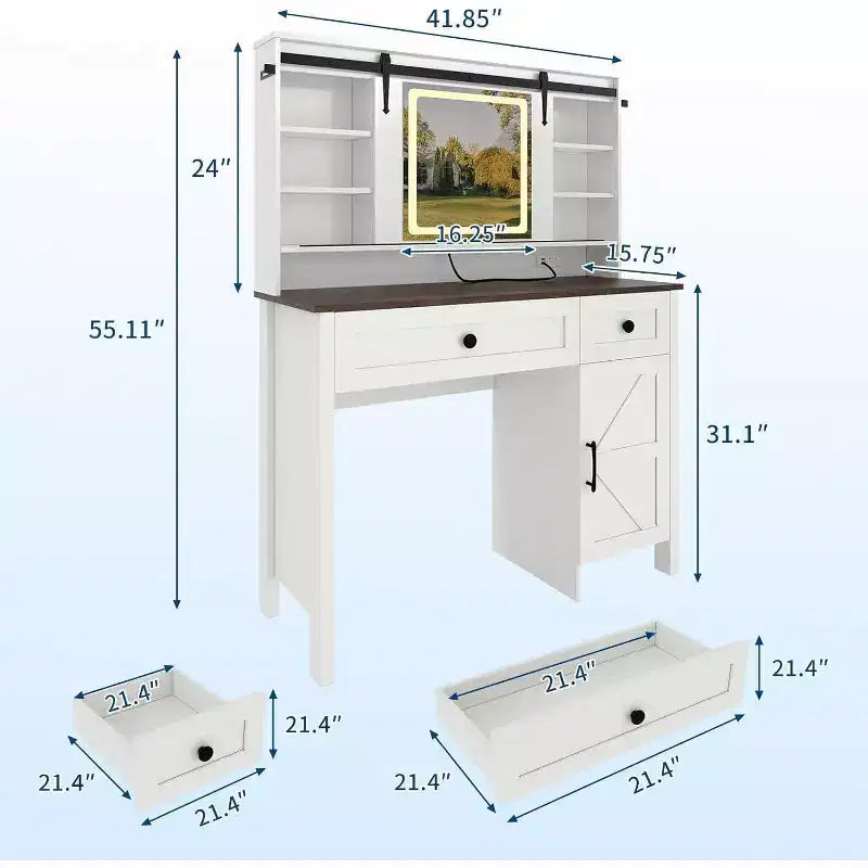 Coiffeuse avec miroir LED, Table de maquillage avec station de recharge, Tiroirs et tabouret de rangement, Coiffeuse moderne blanche pour chambre à coucher