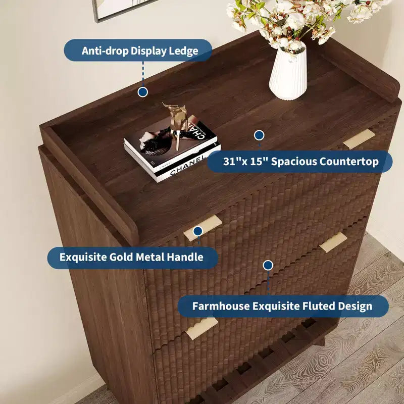 Meuble à chaussures, organiseur d'entrée, armoire cannelée de 122 cm de haut avec 2 tiroirs basculants, étagère ouverte, profil incurvé