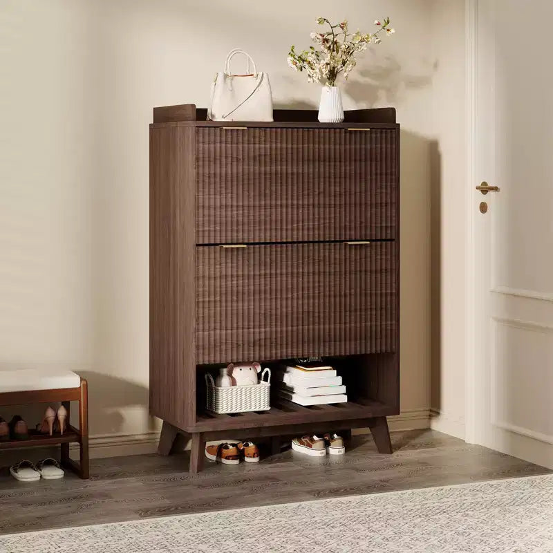 Meuble à chaussures, organiseur d'entrée, armoire cannelée de 122 cm de haut avec 2 tiroirs basculants, étagère ouverte, profil incurvé