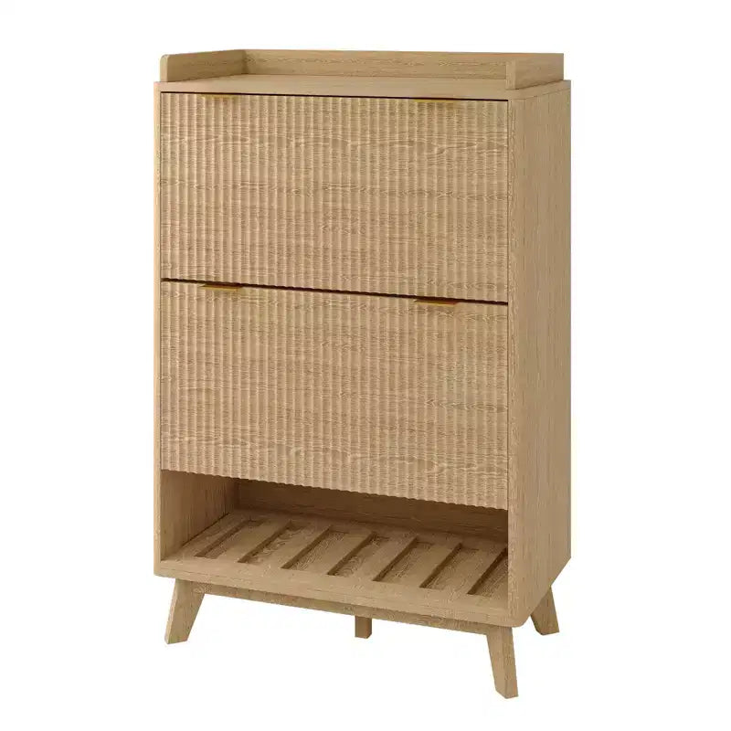 Meuble à chaussures, organiseur d'entrée, armoire cannelée de 122 cm de haut avec 2 tiroirs basculants, étagère ouverte, profil incurvé