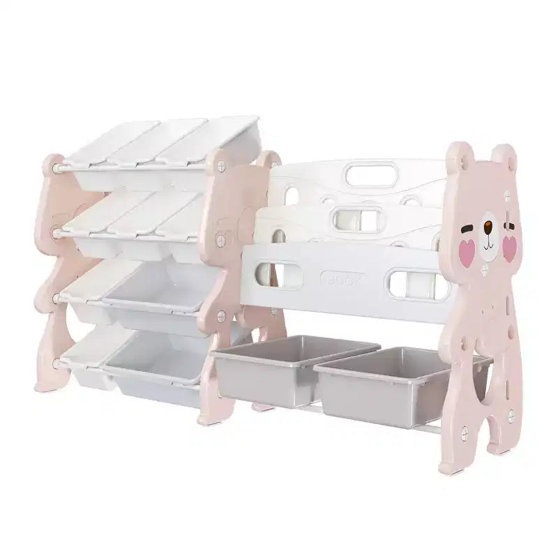 VIYET 34 Kids Toy Storage Organizer, Pink Polyethylene Unit w/ 2-Tier Bookshelf & 12 Toy Bins (Playroom/Bedroom Classroom Organizer)