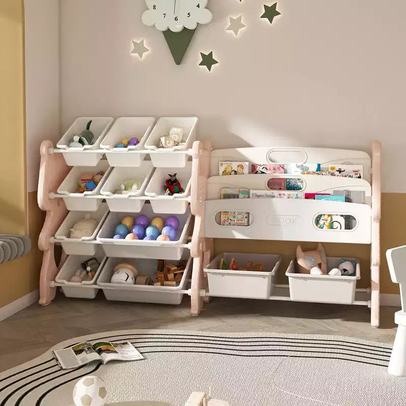 Organisateur de Rangement pour Jouets d'Enfants, Unité Rose en Polyéthylène avec Étagère à 2 Niveaux et 12 Bacs de Rangement (Organisateur pour Salle de Jeux/Chambre d'Enfant ou Salle de Classe)