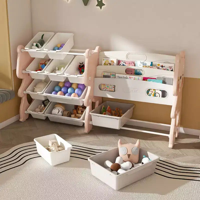 Organisateur de Rangement pour Jouets d'Enfants, Unité Rose en Polyéthylène avec Étagère à 2 Niveaux et 12 Bacs de Rangement (Organisateur pour Salle de Jeux/Chambre d'Enfant ou Salle de Classe)