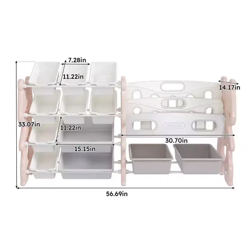 Organisateur de Rangement pour Jouets d'Enfants, Unité Rose en Polyéthylène avec Étagère à 2 Niveaux et 12 Bacs de Rangement (Organisateur pour Salle de Jeux/Chambre d'Enfant ou Salle de Classe)