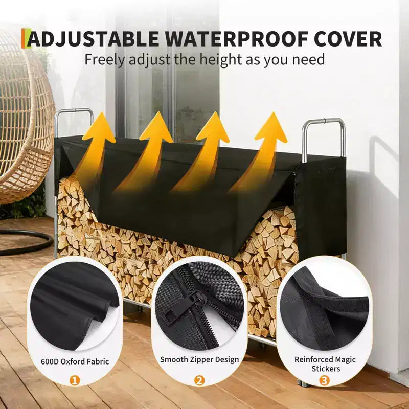 Range-bûches en acier avec housse Oxford imperméable 600D – Organisateur de bûches robuste pour l'intérieur et l'extérieur