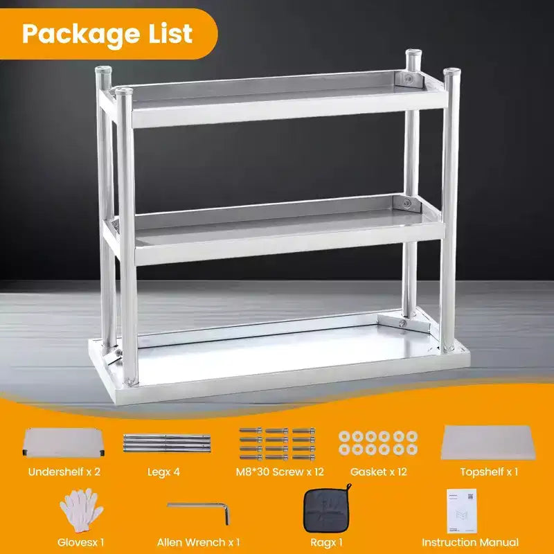 Table utilitaire robuste à 3 niveaux en acier inoxydable, plan de travail résistant à la rouille pour l'intérieur et l'extérieur avec étagères de rangement pour la cuisine ou le patio, 35,5 x 61 x 86 cm