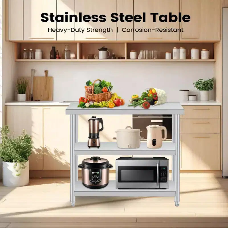 Table utilitaire robuste à 3 niveaux en acier inoxydable, plan de travail résistant à la rouille pour l'intérieur et l'extérieur avec étagères de rangement pour la cuisine ou le patio, 35,5 x 61 x 86 cm