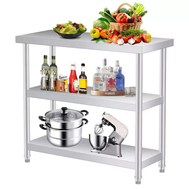 Table utilitaire robuste à 3 niveaux en acier inoxydable, plan de travail résistant à la rouille pour l'intérieur et l'extérieur avec étagères de rangement pour la cuisine ou le patio, 35,5 x 61 x 86 cm