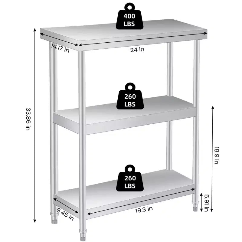 Table utilitaire robuste à 3 niveaux en acier inoxydable, plan de travail résistant à la rouille pour l'intérieur et l'extérieur avec étagères de rangement pour la cuisine ou le patio, 35,5 x 61 x 86 cm