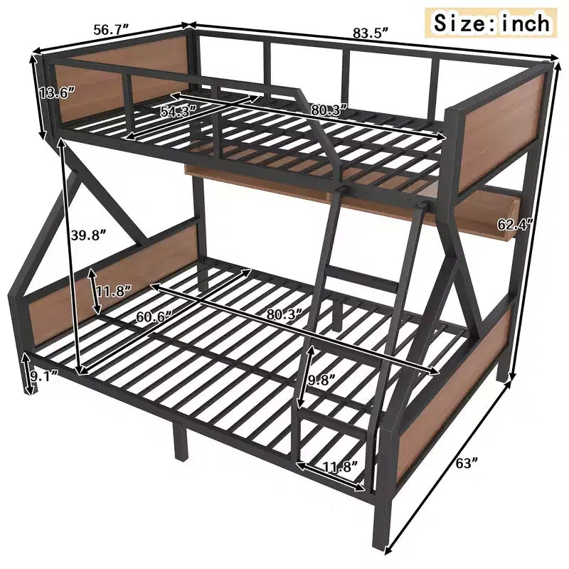 Lit superposé double XL/grand ou double+rangement/grand, lit superposé en métal avec étagères de rangement et lumières, design peu encombrant et silencieux, noir