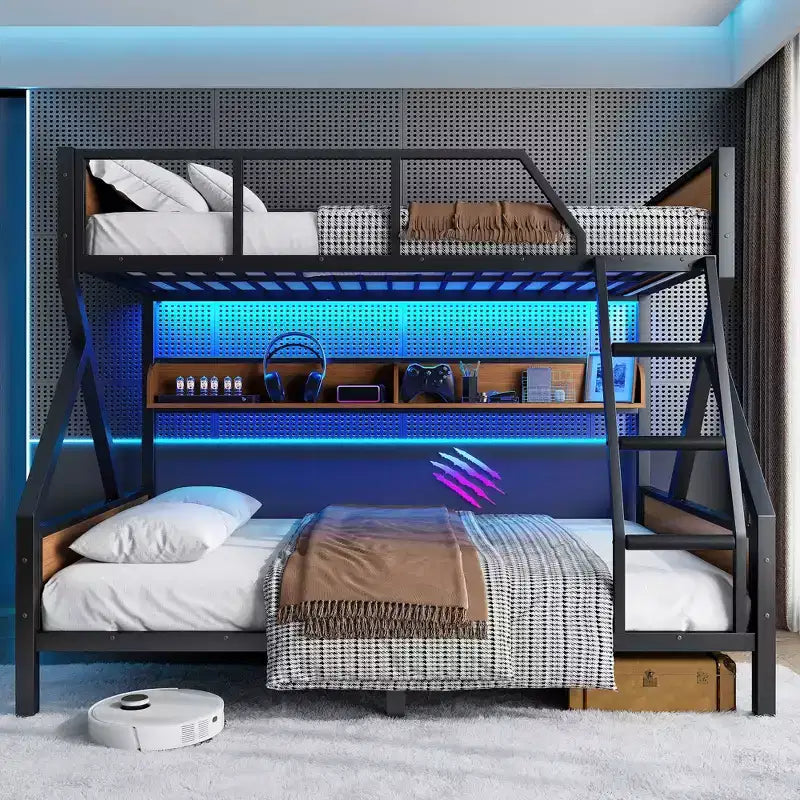 Lit superposé double XL/grand ou double+rangement/grand, lit superposé en métal avec étagères de rangement et lumières, design peu encombrant et silencieux, noir