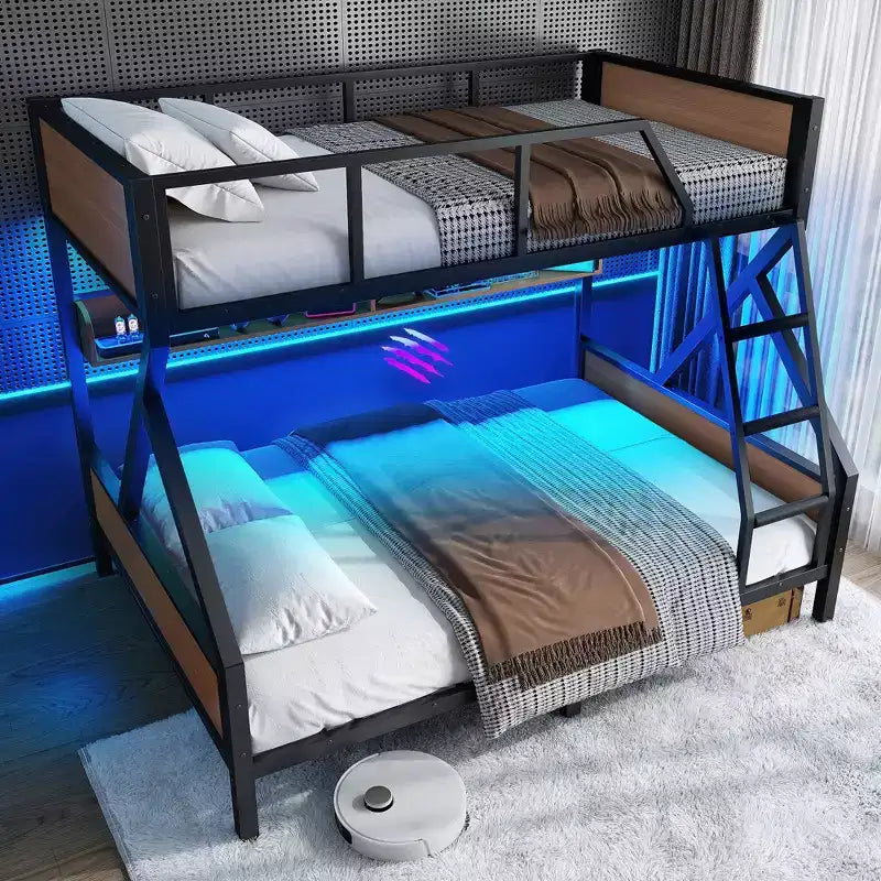 Lit superposé double XL/grand ou double+rangement/grand, lit superposé en métal avec étagères de rangement et lumières, design peu encombrant et silencieux, noir