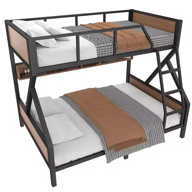 Lit superposé double XL/grand ou double+rangement/grand, lit superposé en métal avec étagères de rangement et lumières, design peu encombrant et silencieux, noir