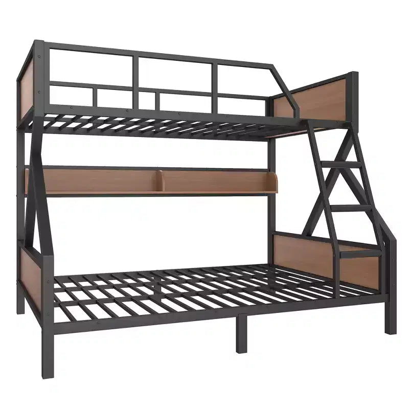 Lit superposé double XL/grand ou double+rangement/grand, lit superposé en métal avec étagères de rangement et lumières, design peu encombrant et silencieux, noir