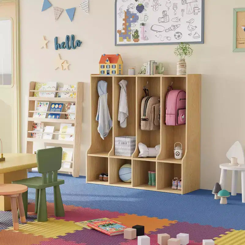 Vestiaire de classe 4 sections avec 8 crochets et 4 casiers, organisateur de rangement polyvalent pour la maison, l'école, la crèche, la maternelle