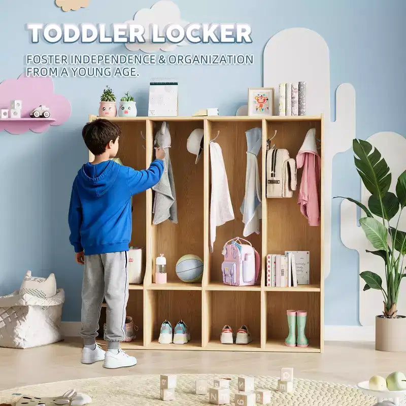 Vestiaire de classe 4 sections avec 8 crochets et 4 casiers, organisateur de rangement polyvalent pour la maison, l'école, la crèche, la maternelle