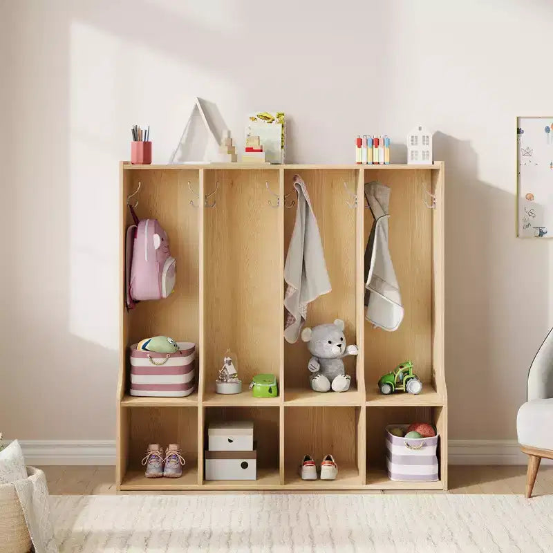 Vestiaire de classe 4 sections avec 8 crochets et 4 casiers, organisateur de rangement polyvalent pour la maison, l'école, la crèche, la maternelle