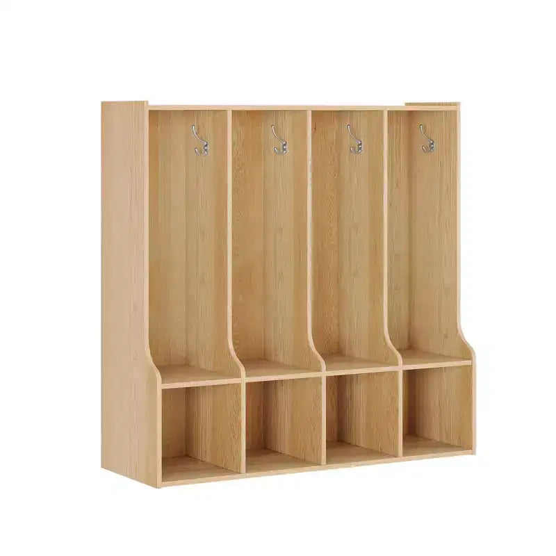 Vestiaire de classe 4 sections avec 8 crochets et 4 casiers, organisateur de rangement polyvalent pour la maison, l'école, la crèche, la maternelle