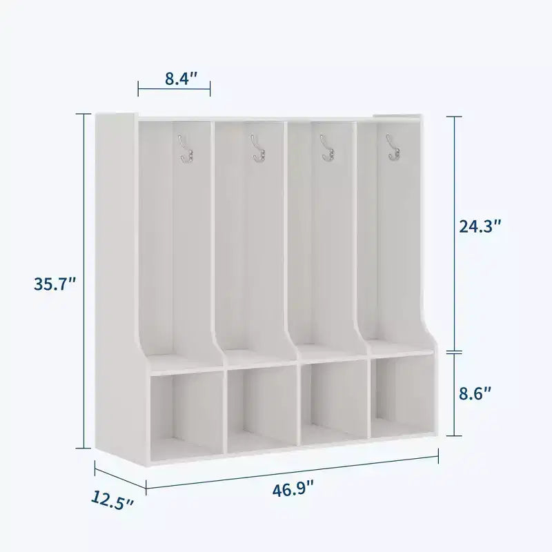 Vestiaire de classe 4 sections avec 8 crochets et 4 casiers, organisateur de rangement polyvalent pour la maison, l'école, la crèche, la maternelle