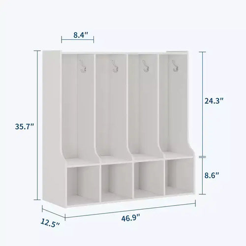 Vestiaire de classe 4 sections avec 8 crochets et 4 casiers, organisateur de rangement polyvalent pour la maison, l'école, la crèche, la maternelle