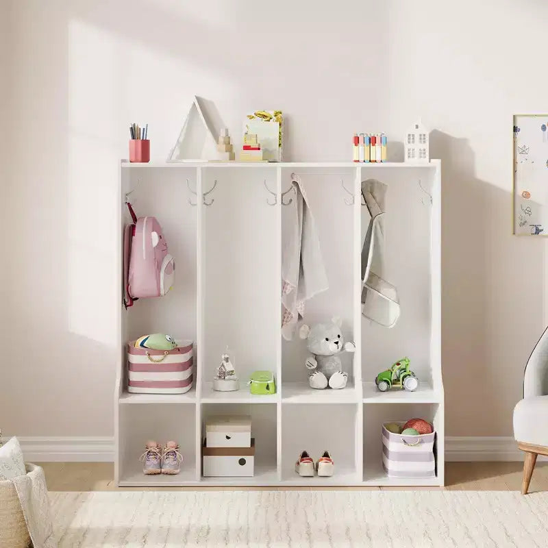 Vestiaire de classe 4 sections avec 8 crochets et 4 casiers, organisateur de rangement polyvalent pour la maison, l'école, la crèche, la maternelle
