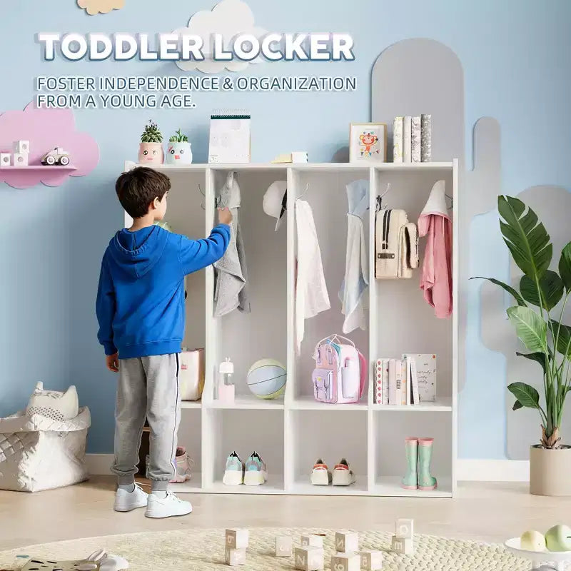 Vestiaire de classe 4 sections avec 8 crochets et 4 casiers, organisateur de rangement polyvalent pour la maison, l'école, la crèche, la maternelle