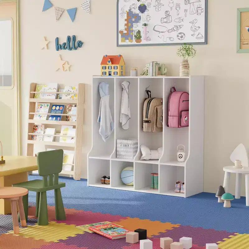 Vestiaire de classe 4 sections avec 8 crochets et 4 casiers, organisateur de rangement polyvalent pour la maison, l'école, la crèche, la maternelle