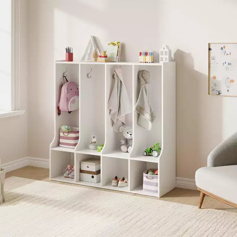 Vestiaire de classe 4 sections avec 8 crochets et 4 casiers, organisateur de rangement polyvalent pour la maison, l'école, la crèche, la maternelle