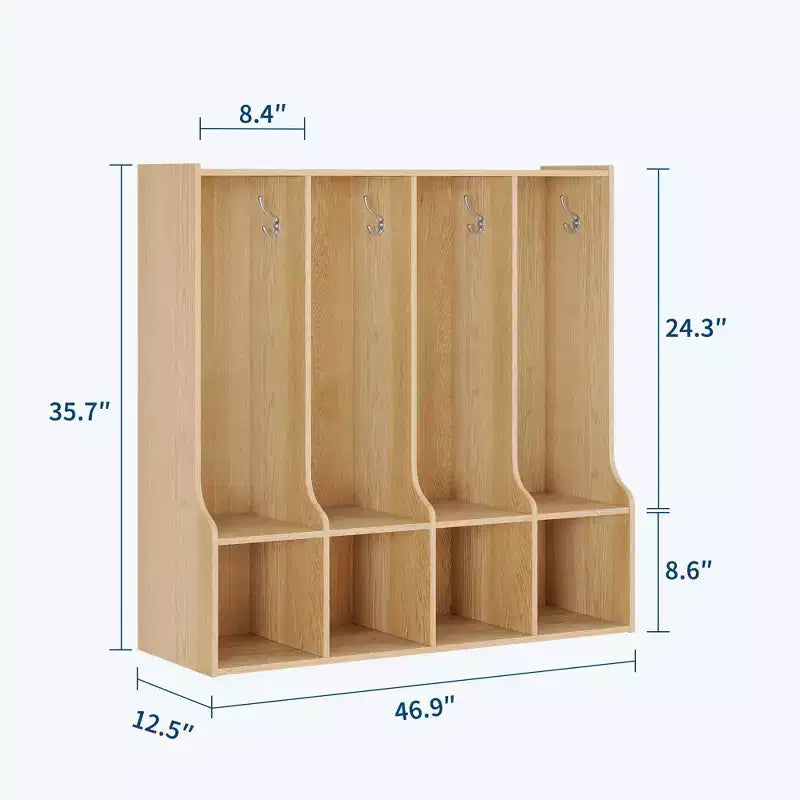 Vestiaire de classe 4 sections avec 8 crochets et 4 casiers, organisateur de rangement polyvalent pour la maison, l'école, la crèche, la maternelle