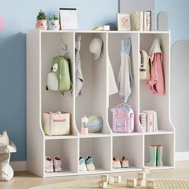 4-Section Classroom Coat Locker with 8 Hooks & 4 Cubbies,Versatile Storage Organizer for Home, School, Nursery, Kindergarten