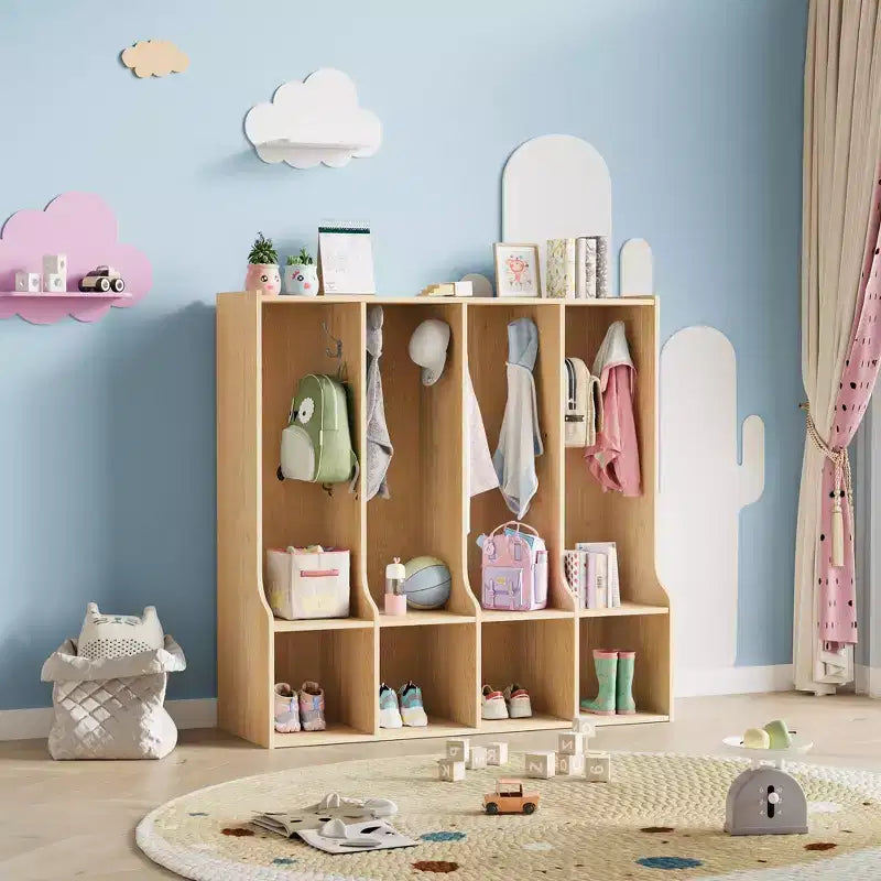 Vestiaire de classe 4 sections avec 8 crochets et 4 casiers, organisateur de rangement polyvalent pour la maison, l'école, la crèche, la maternelle