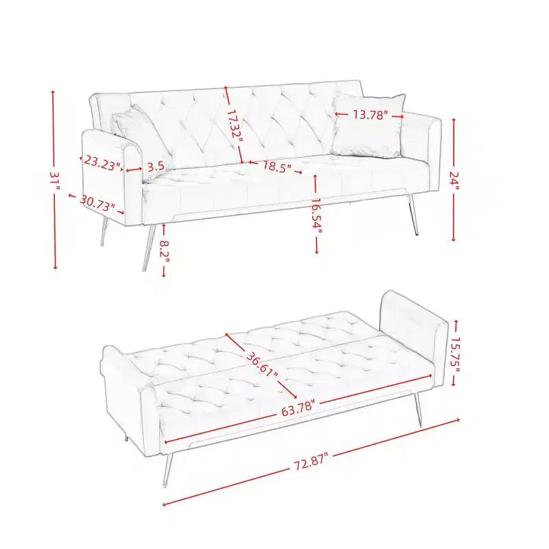 Canapé-lit inclinable moderne en velours avec dossier réglable sur 3 positions, convertible pour petits salons ou chambres d'amis