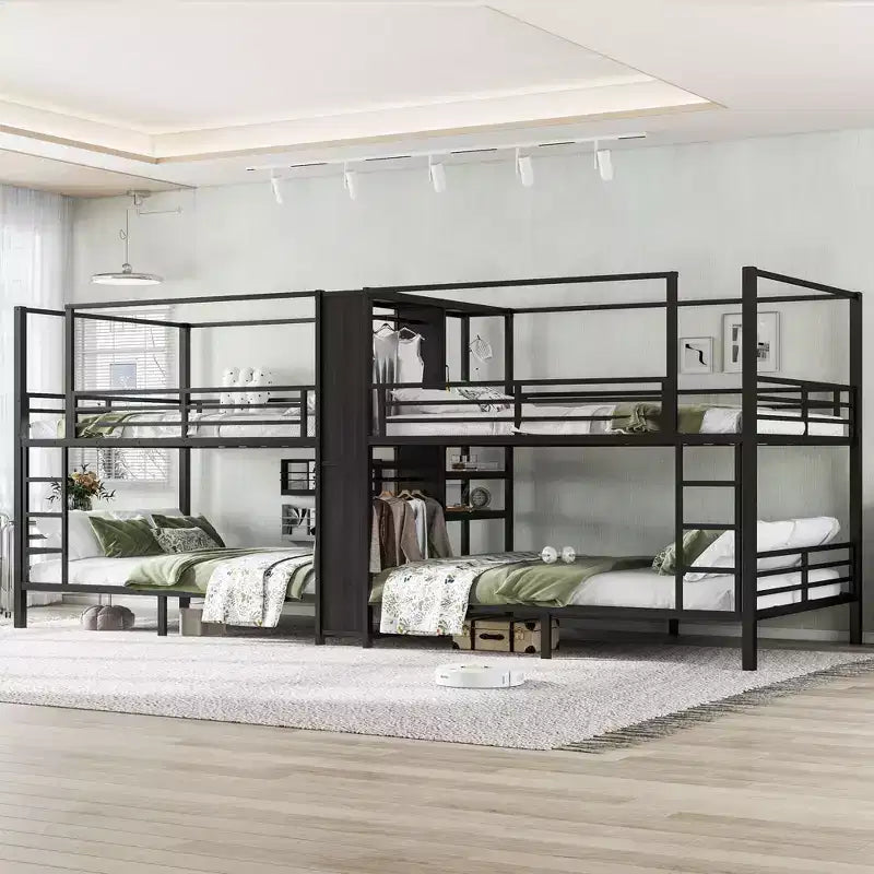 Queen size Quadruple Metal Bunk BedQuadruple Metal Bunk Bed with Built-in Storage Shelves and WardrobeSturdy Metal Frame with Noise-reduced Design