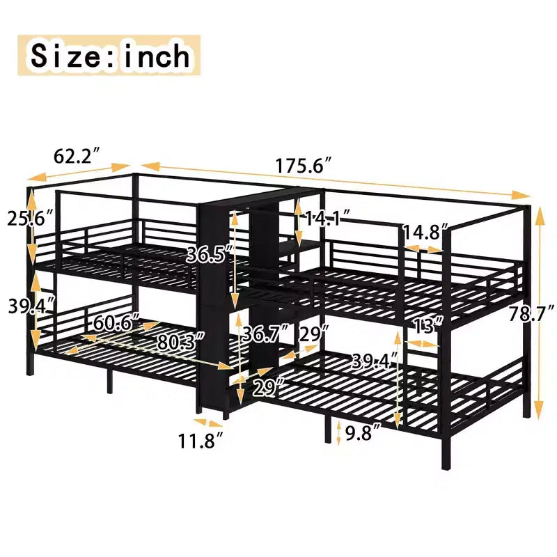 Lit superposé quadruple en métal, taille QueenLit superposé quadruple en métal avec étagères de rangement intégrées et armoireStructure métallique robuste avec conception anti-bruit