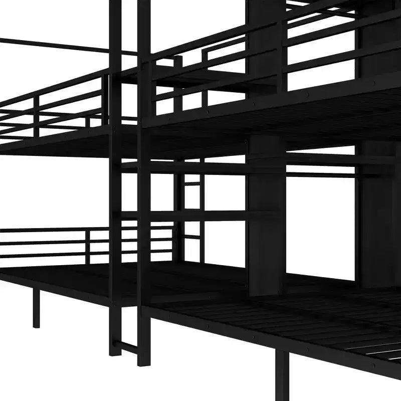 Lit superposé quadruple en métal, taille QueenLit superposé quadruple en métal avec étagères de rangement intégrées et armoireStructure métallique robuste avec conception anti-bruit