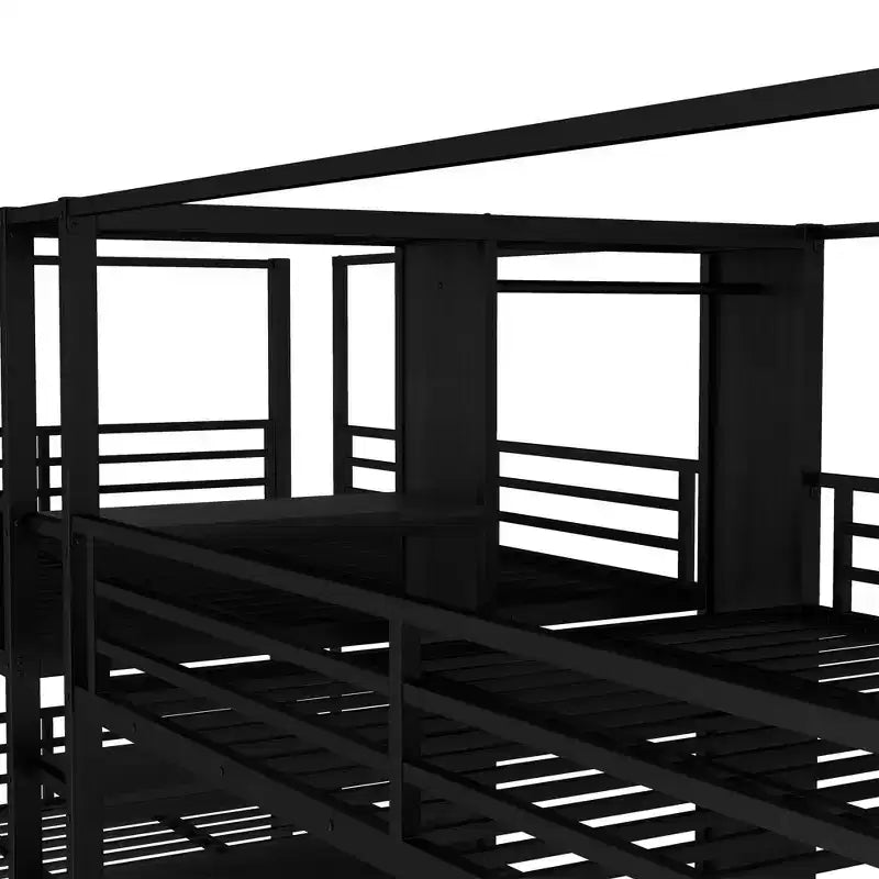 Lit superposé quadruple en métal, taille QueenLit superposé quadruple en métal avec étagères de rangement intégrées et armoireStructure métallique robuste avec conception anti-bruit