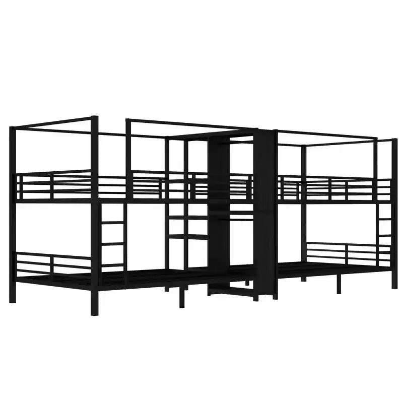 Lit superposé quadruple en métal, taille QueenLit superposé quadruple en métal avec étagères de rangement intégrées et armoireStructure métallique robuste avec conception anti-bruit