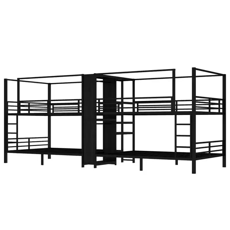Lit superposé quadruple en métal, taille QueenLit superposé quadruple en métal avec étagères de rangement intégrées et armoireStructure métallique robuste avec conception anti-bruit
