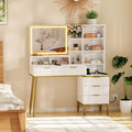 COZONY Fluted Vanity Desk with Mirror, Makeup Vanity with 5 Drawers & Shelves, Modern Dressing Table for Bedroom