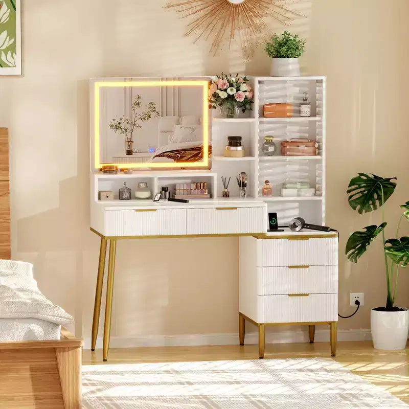 COZONY Fluted Vanity Desk with Mirror, Makeup Vanity with 5 Drawers & Shelves, Modern Dressing Table for Bedroom