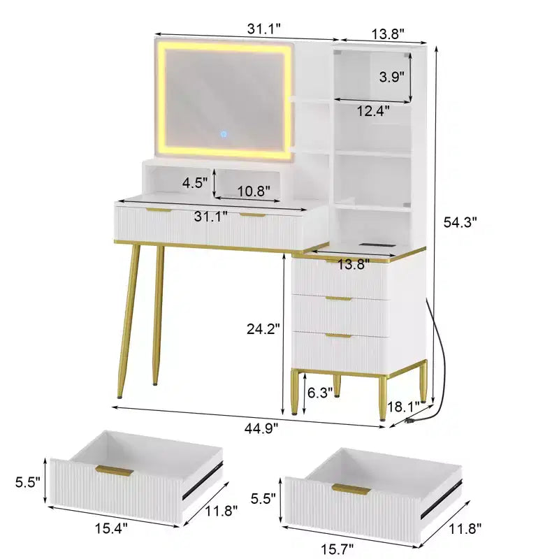 Coiffeuse cannelée avec miroir, coiffeuse de maquillage avec 5 tiroirs et étagères, coiffeuse moderne pour chambre à coucher