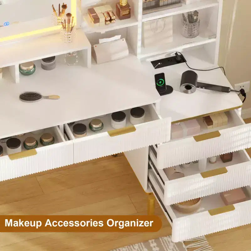 Coiffeuse cannelée avec miroir, coiffeuse de maquillage avec 5 tiroirs et étagères, coiffeuse moderne pour chambre à coucher