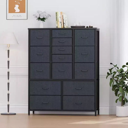 Commode à 15 tiroirs, commode avec plateau en bois, cadre en métal, unité de rangement avec tissu