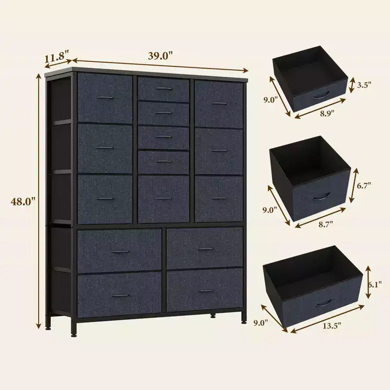 Commode à 15 tiroirs, commode avec plateau en bois, cadre en métal, unité de rangement avec tissu